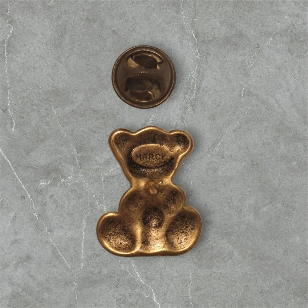Vintage Goldtone Smiling Teddy Bear Heart Hand Pin Stamped MARCI Lapel Tie